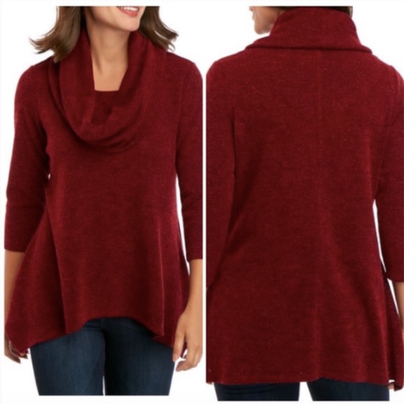 New Directions hacci cowl Neck red Sweater Size S Petite  3/4 sleeves Valentines - Picture 3 of 14